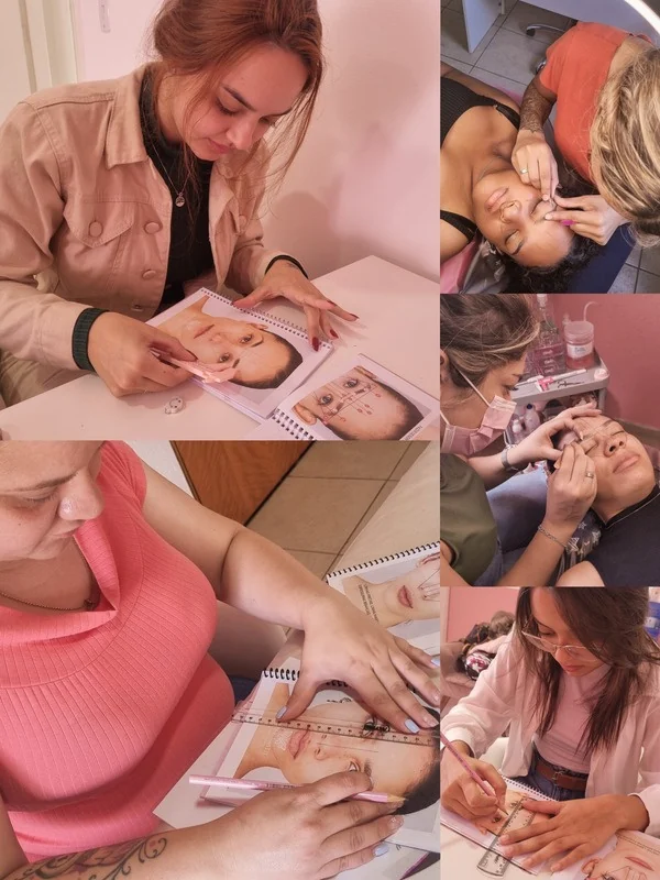 Registros reais das alunas treinando mapeamento e atendendo modelos durante a formação
