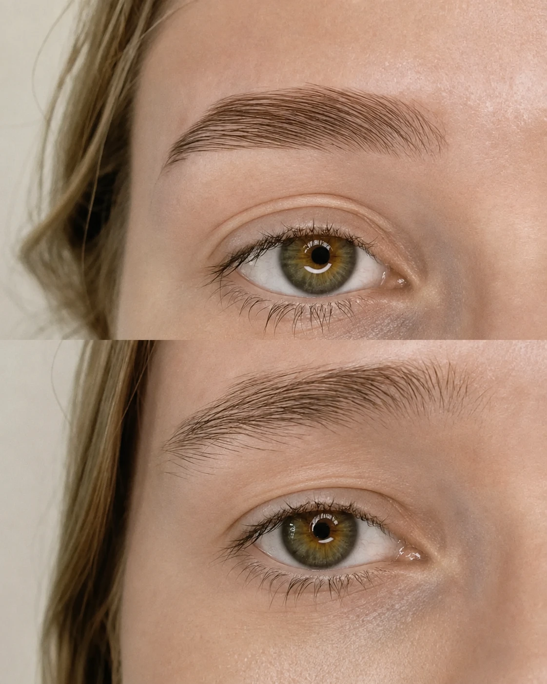 Comparação de design de sobrancelhas antes e depois